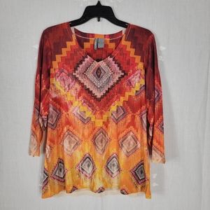 New Directions Weekend Blouse Tribal Thing Orange New Size L